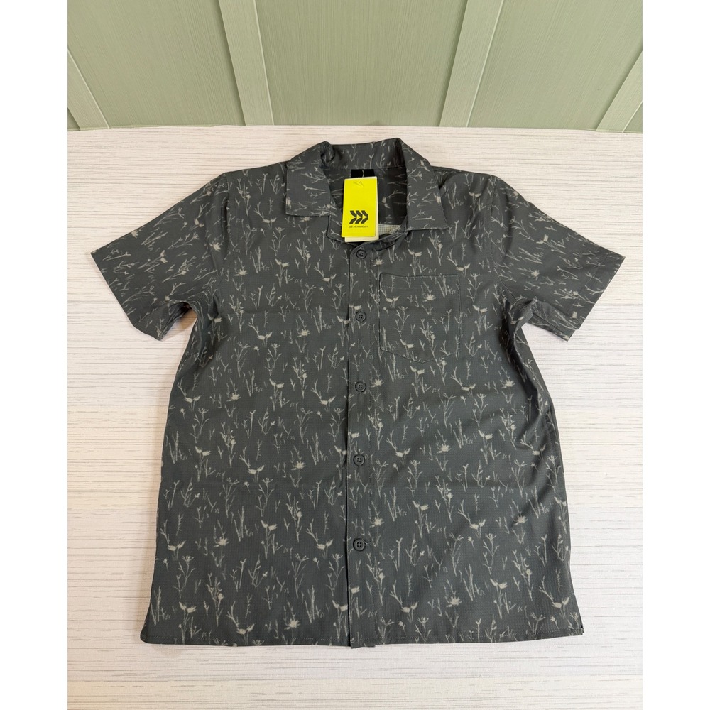 All in Motion Boys Gray Floral Woven Button Down Shirt Size L 10/12 NEW